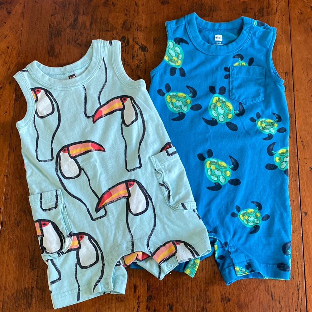 Tea- set of two sleeveless onesies. Toucan and turtle!Excellent used condition.